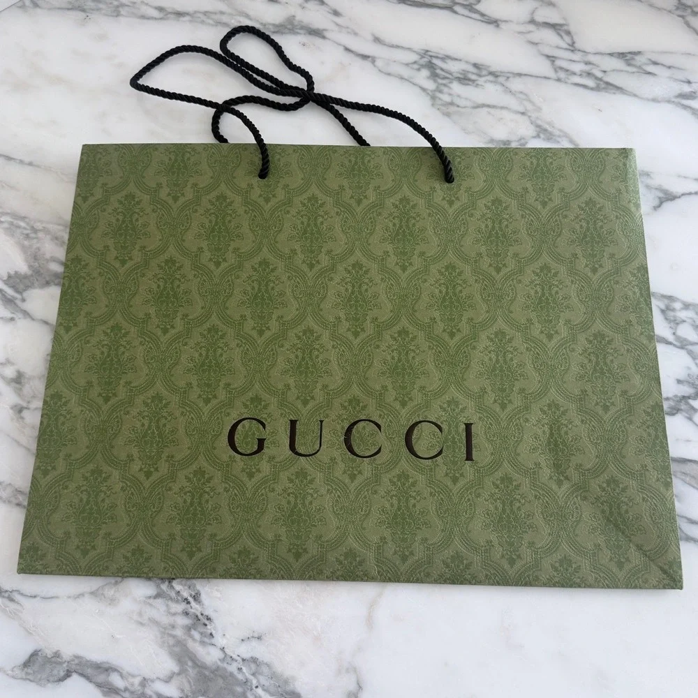 Gucci Large Green Damask Paper Shopping Bag Authentic Rope Handles 19x14x6.5